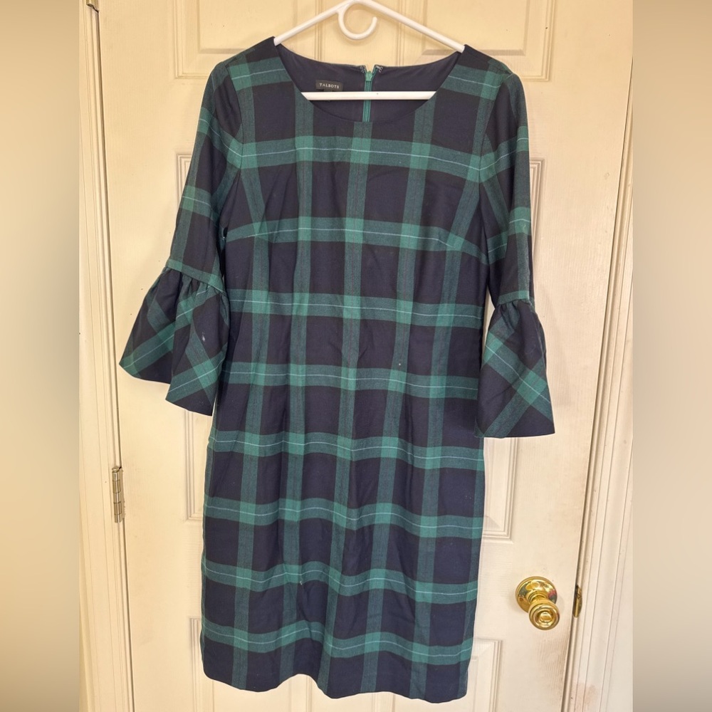 TALBOTS Women's Holiday Dress Size 10 Green & Blue Plaid Wool Blend Dress